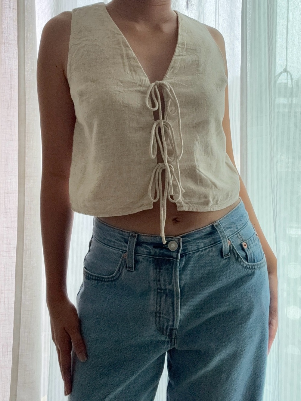 Abercrombie & Fitch Cream Tie-Front Linen-Blend Crop Top